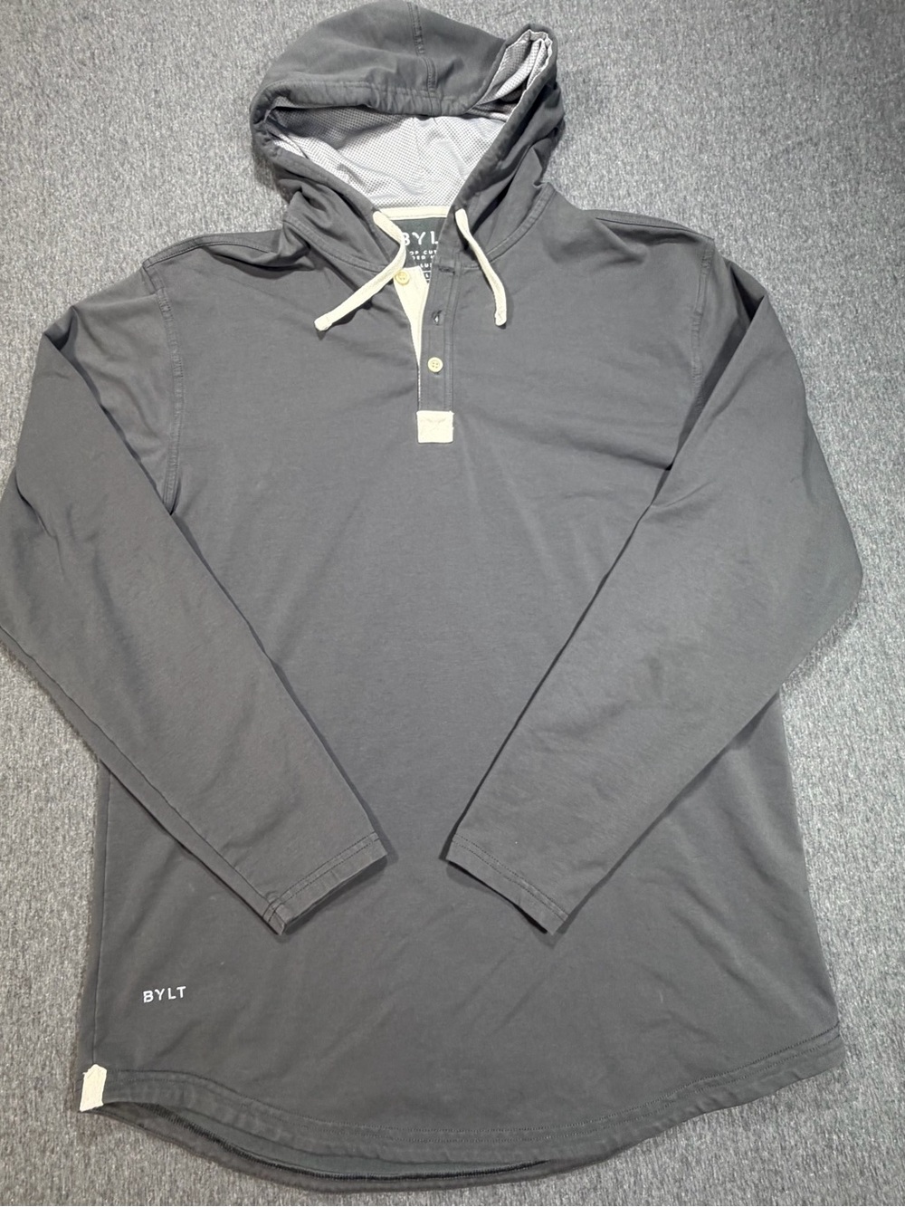 BYLT Basics Charcoal Gray Drop Cut L/S Hooded Henley Lux Mens Large Pullover